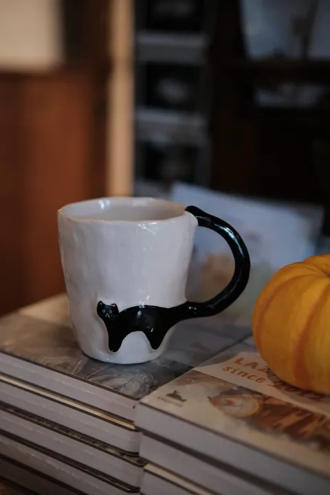 Black Cat mug on a stack of books beside a small pumpkin, the cat's tail curling up into the handle