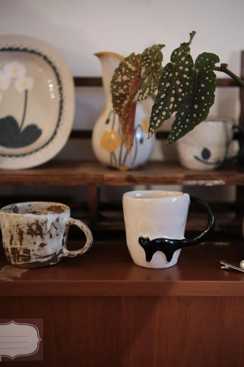Black Cat mug on a dresser next to plates and a spotted plant