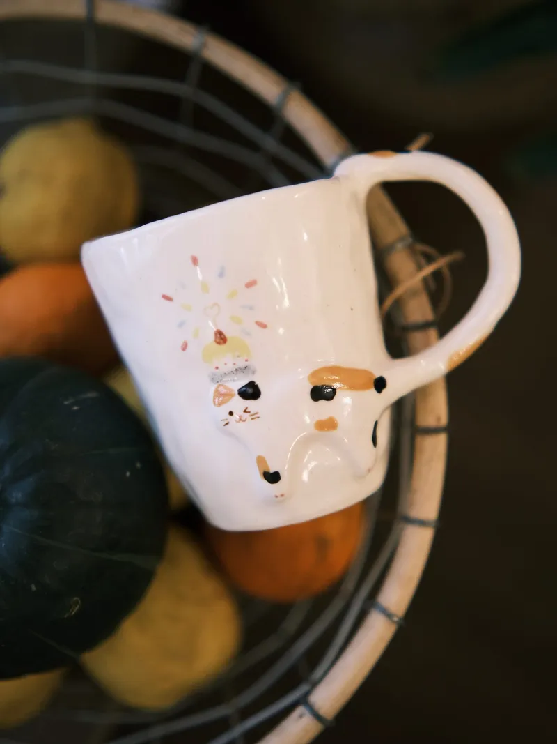 Calico birthday mug resting on pumpkins in a wire basket